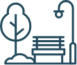 A line icon featuring a bench and tree in the background, inspired by Mayfair homes.