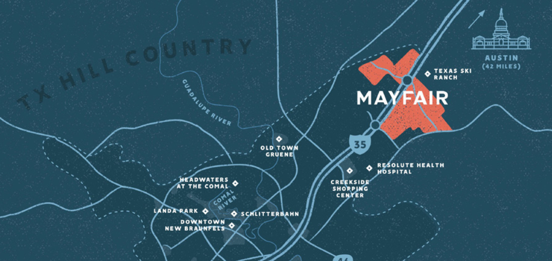 A map showing where Mayfair is in relation to New Braunfels.