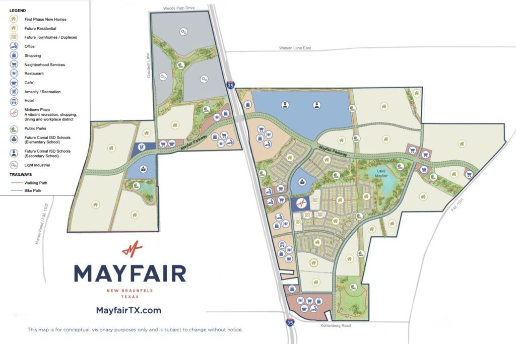 A Mmap showing the future vision for Mayfair New Braunfels, Texas.