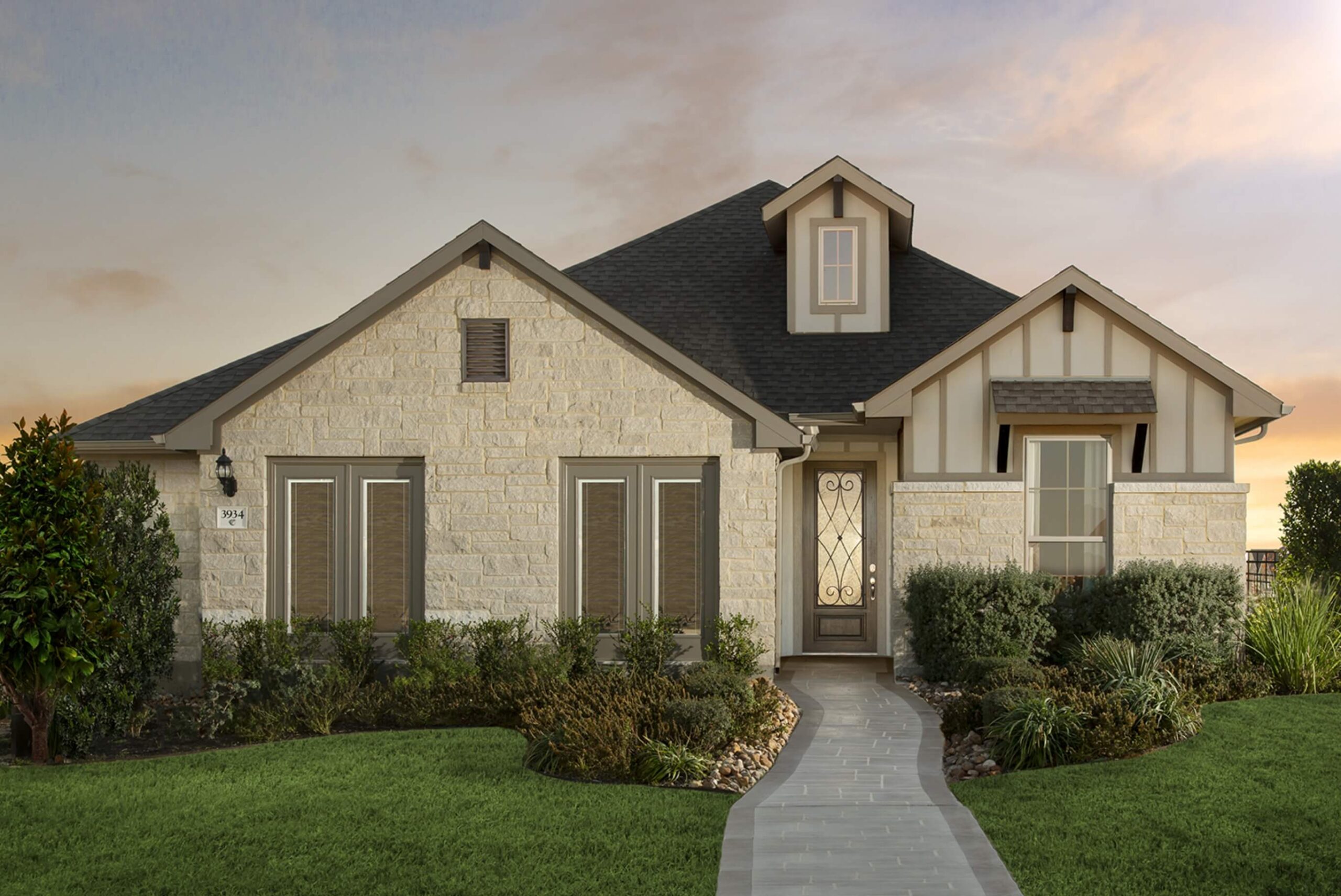 A 3D rendering of a Mayfair home at dusk in New Braunfels, Texas.