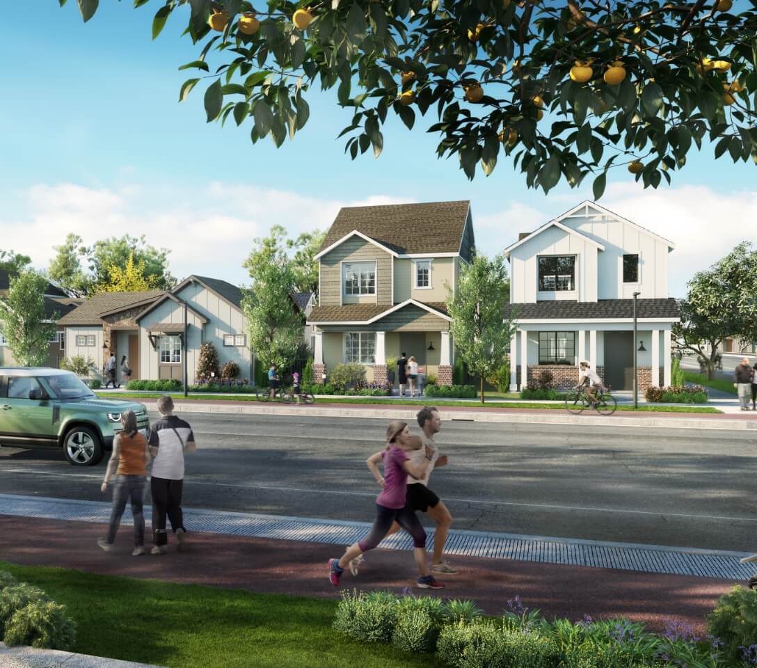 An artist's rendering of new homes in Mayfair neighborhood in New Braunfels, Texas, with people running in the street.