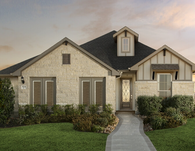 A 3D rendering of a Mayfair home overlooking parks and trails at dusk in New Braunfels, Texas.