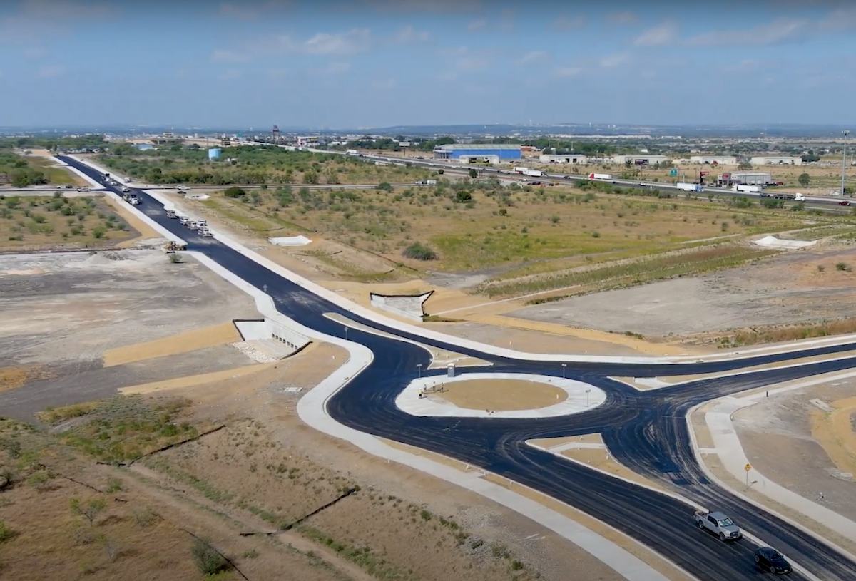 Aerial view of a highway curve in New Braunfels Texas.