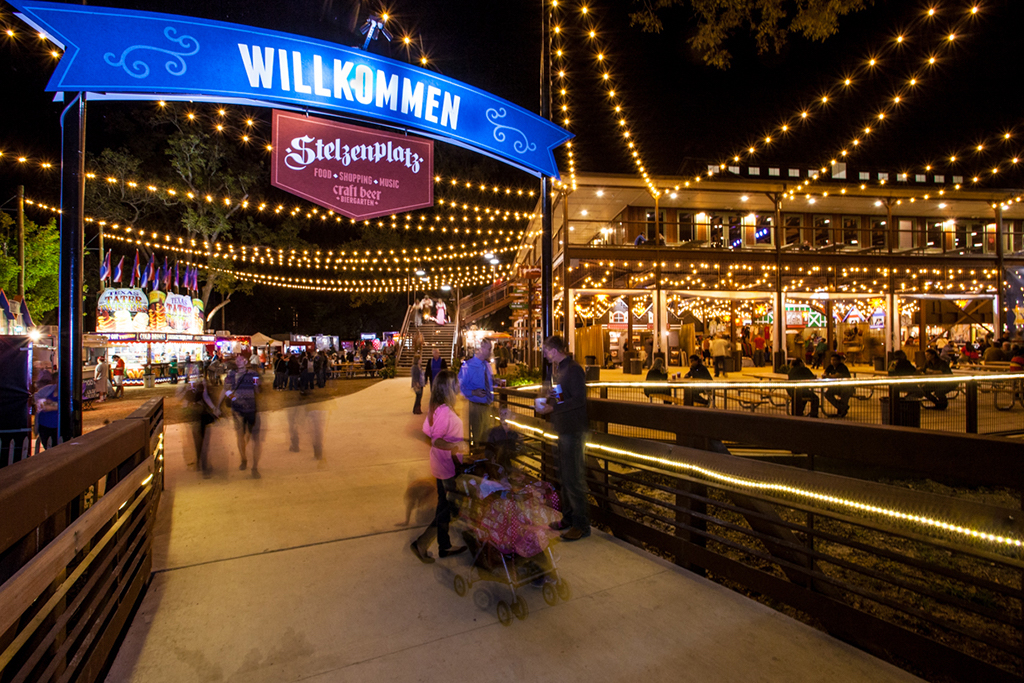 a festive lit entrance to the New Braunfels festival, Wurstfest