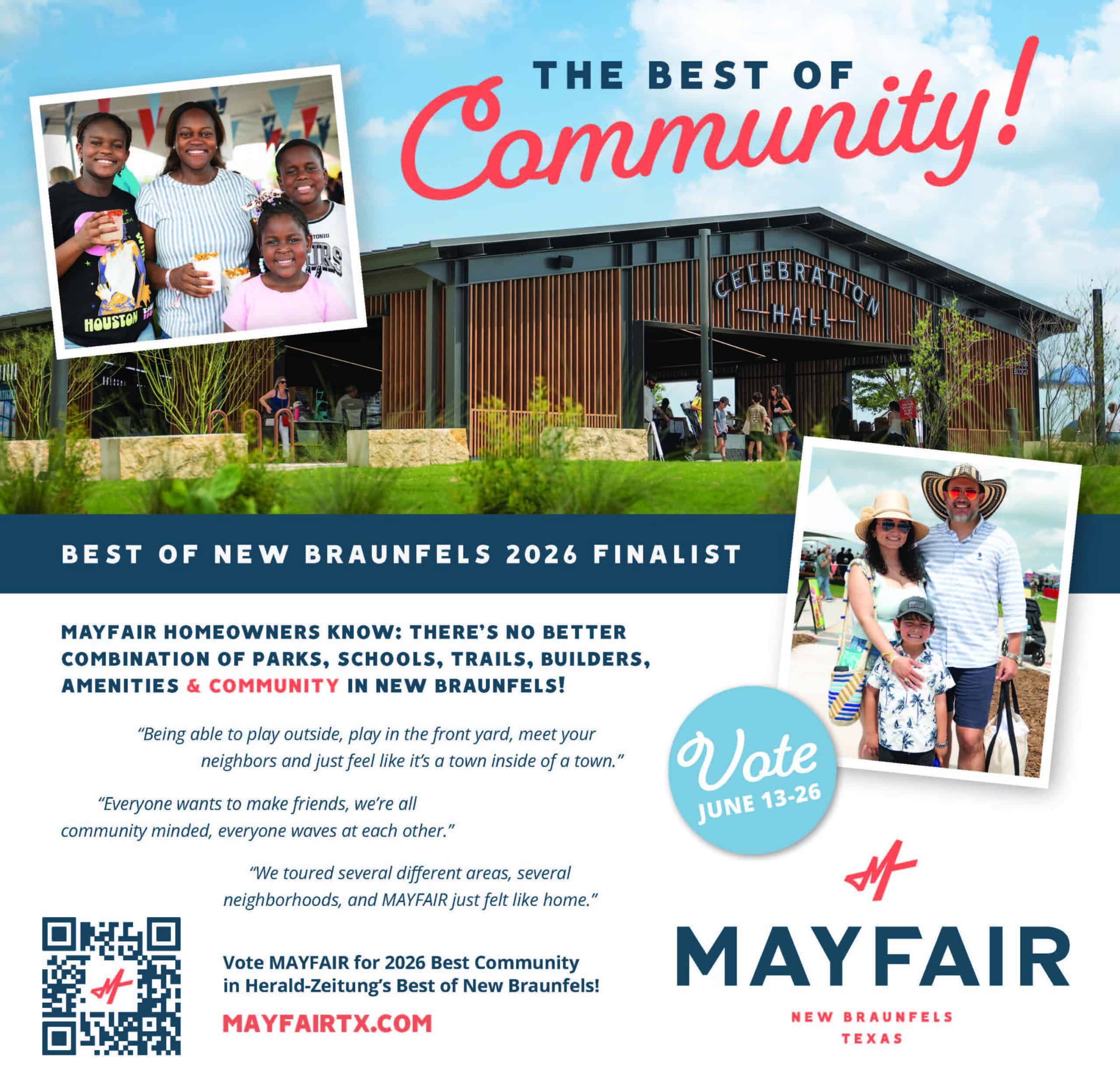 Flyer promoting Mayfair as a finalist for Best Community in the Herald-Zeitung's Best of New Braunfels contest. Voting takes place June 13-26. The flyer shows images of an event pavilion among beautiful green grass and a blue sky. Two smaller images show a mother smiling with three children under an event tent, and a family of three smiling during a community event.