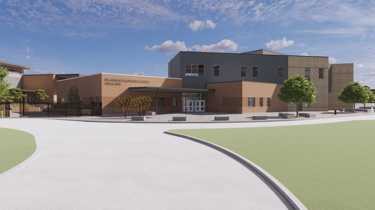 Major Middle School Rendering: Modern school building with brown and gray exterior, large windows, and surrounding trees under a partly cloudy sky. Pathways and open grassy areas are visible in the foreground.