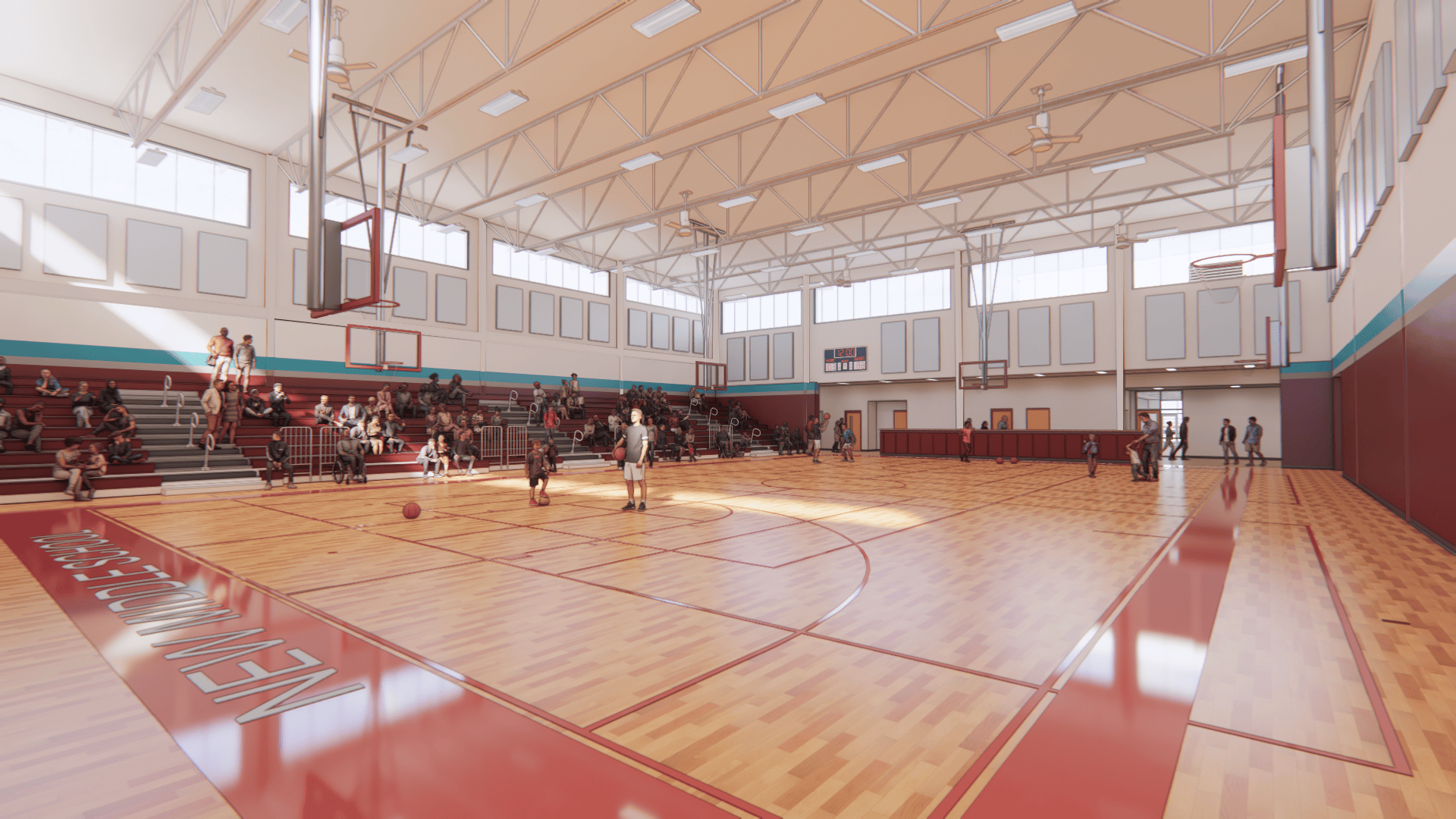 Major Middle School gymnasium with people sitting on bleachers and several individuals playing basketball on a polished wooden court.