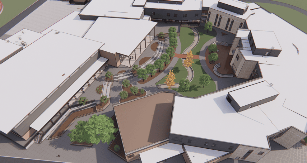 Aerial view of a Major Middle School, a modern building complex with multiple white-roofed structures, pathways, landscaped courtyards, and trees.
