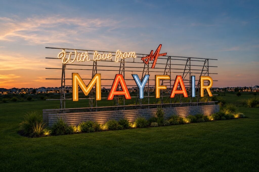 Illuminated "With love from MAYFAIR" sign stands on grass at sunset, with houses in the distant background and a vibrant sky.